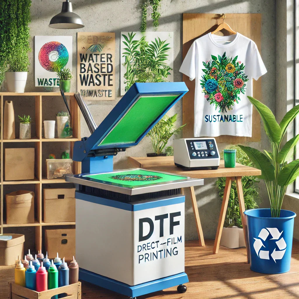 An eco-friendly themed image showing a sustainable DTF (Direct-to-Film) printing setup in a bright, modern workspace.