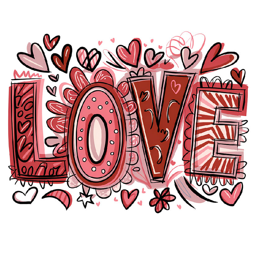 a drawing of the word love surrounded by hearts