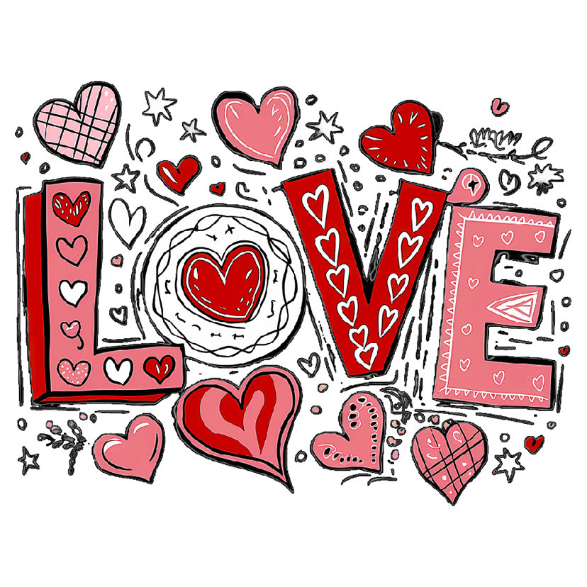 a drawing of the word love surrounded by hearts