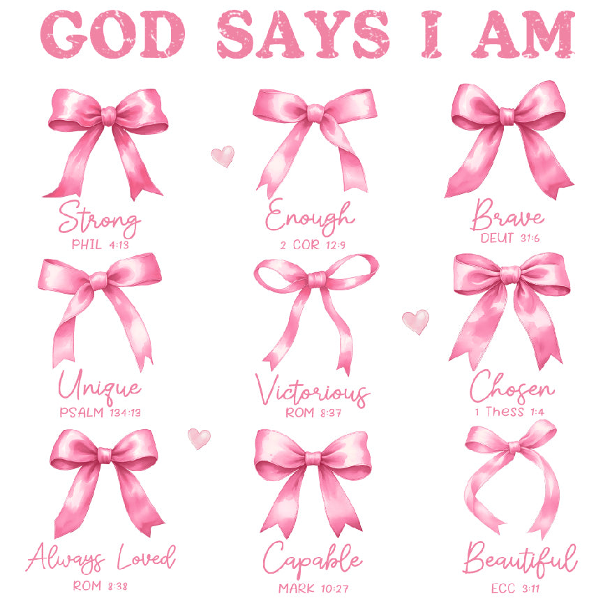 a pink poster with the words god says i am