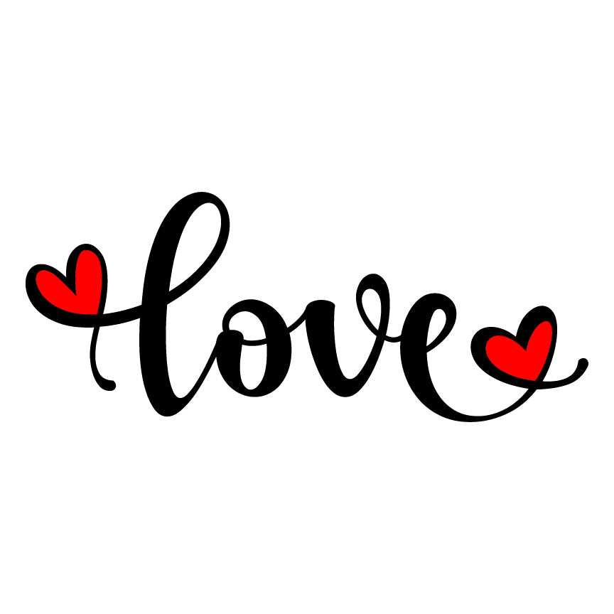 the word love written in black ink with red hearts